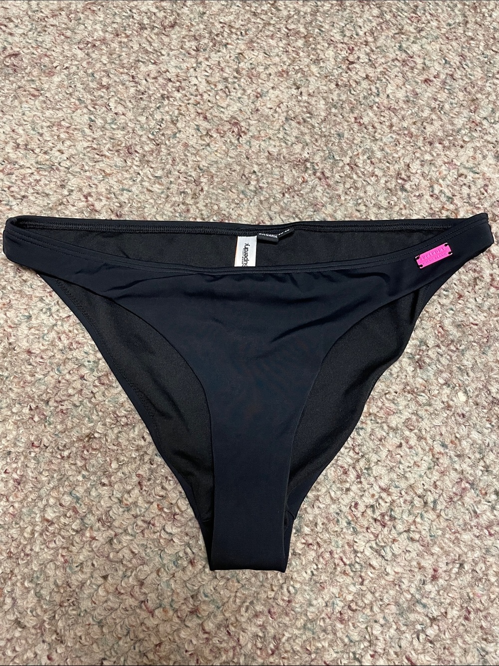 Superdry black bikini bottoms with logo plate at hip and logo bum
